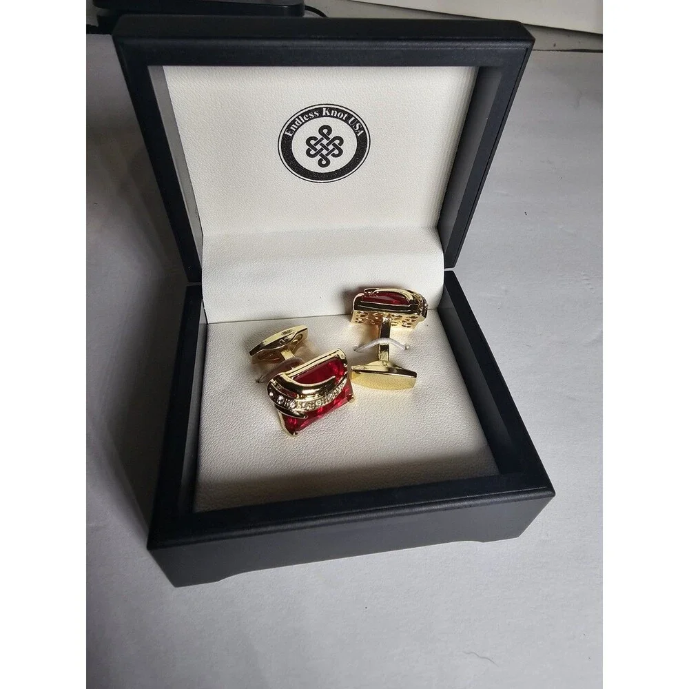 Luxury Red Crystal Rhinestone Square Gold Formal Business Shirt Buttons Cufflink